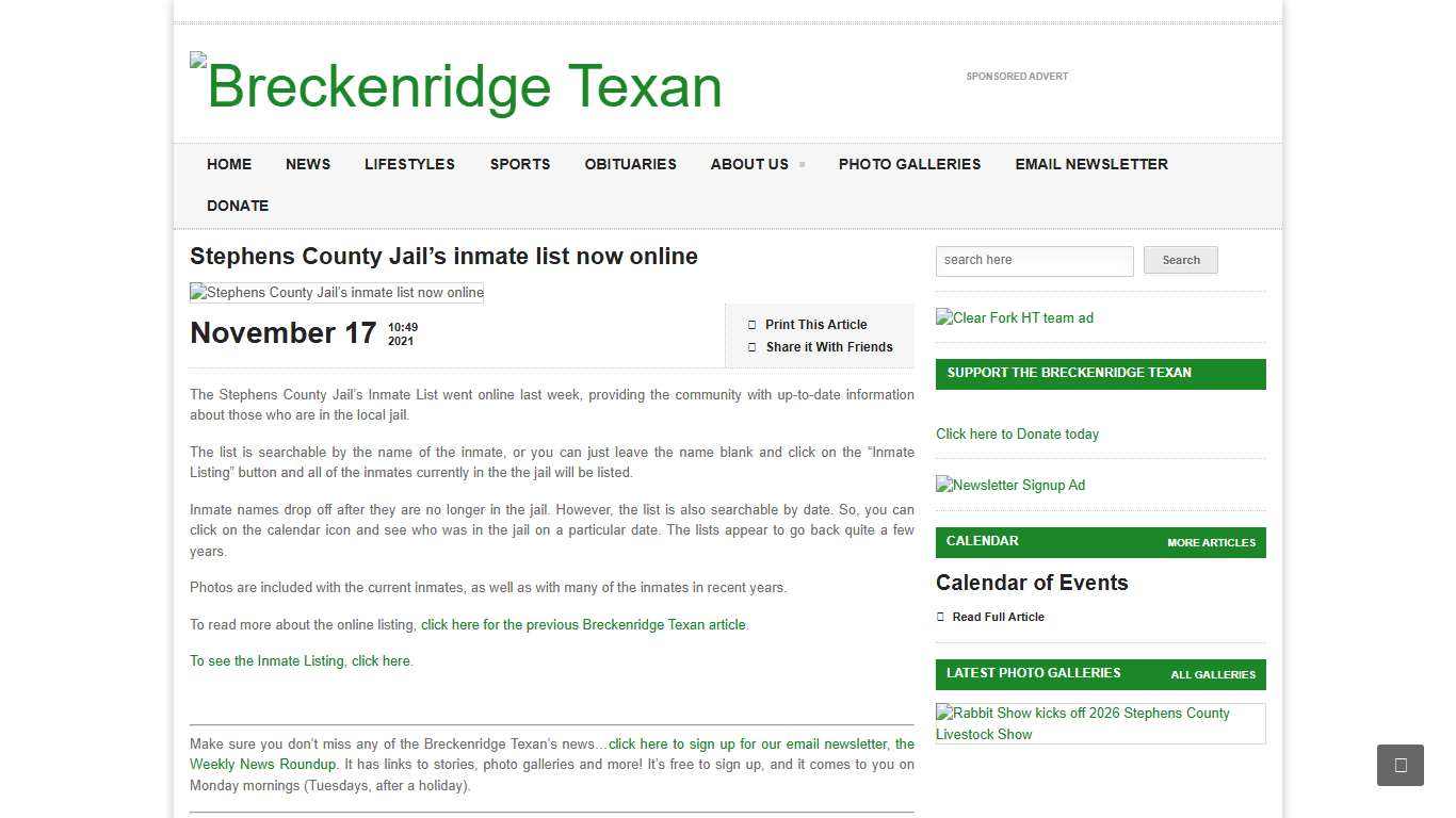 Stephens County Jail’s inmate list now online - Breckenridge Texan